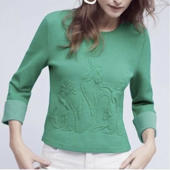 Anthropologie Sweaters - Anthropologie Moth Women Garden Embossed 3/4 Cuff Sleeve Sweater Top Green XS